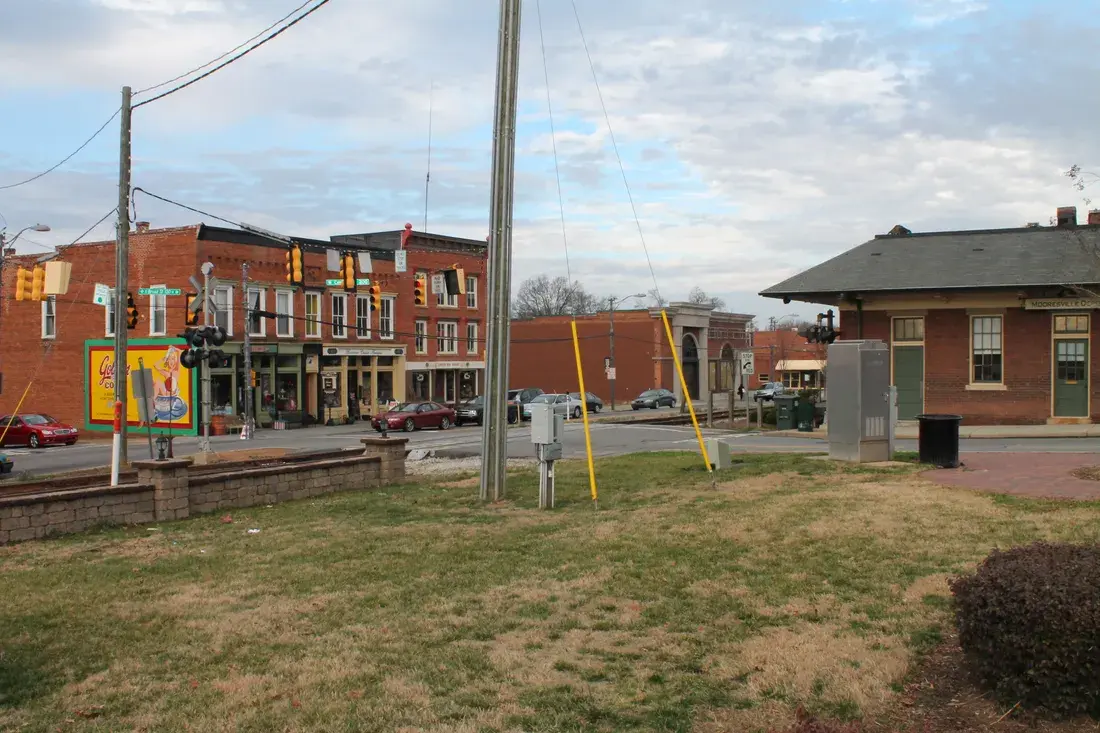 Historic brick buildings on Broad Street in downtown Mooresville, NC