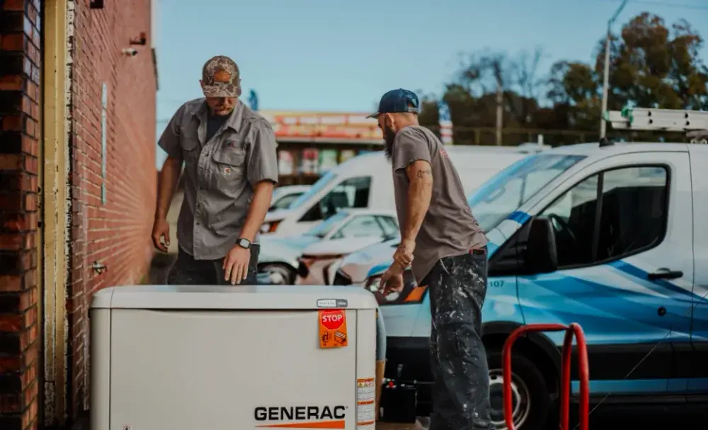 Roland Black technicians repairing a Generac standby generator in Gastonia, NC