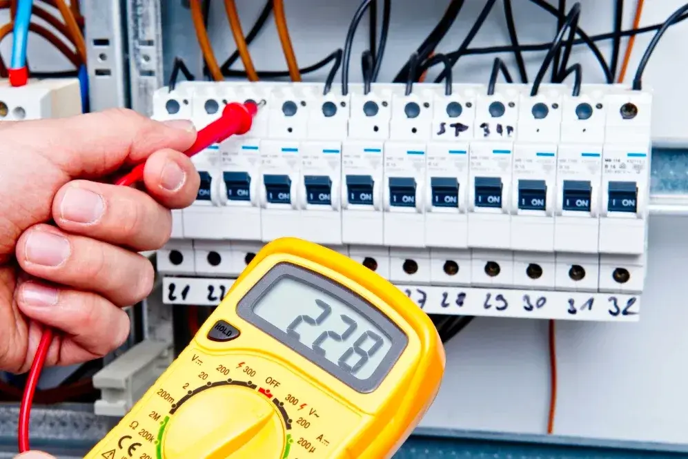 Electrician testing breakers with a multimeter during a panel repair in Gastonia, NC